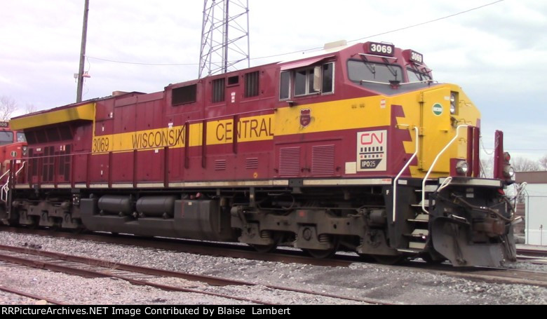 CN 3069 Wisconsin Central heritage unit tied down